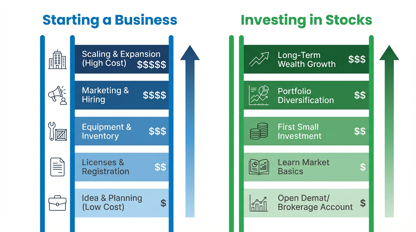 starting a business, investing in stocks