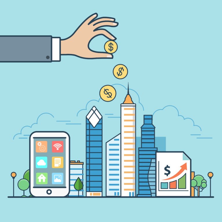 Linear flat Real Estate profit icons website vector illustration. Realtor hand coins money and smartphone on Urban skyscraper city landscape