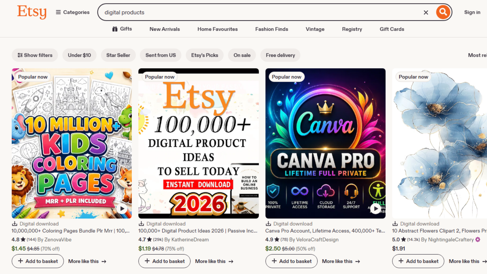 Etsy Website showing Digital Products